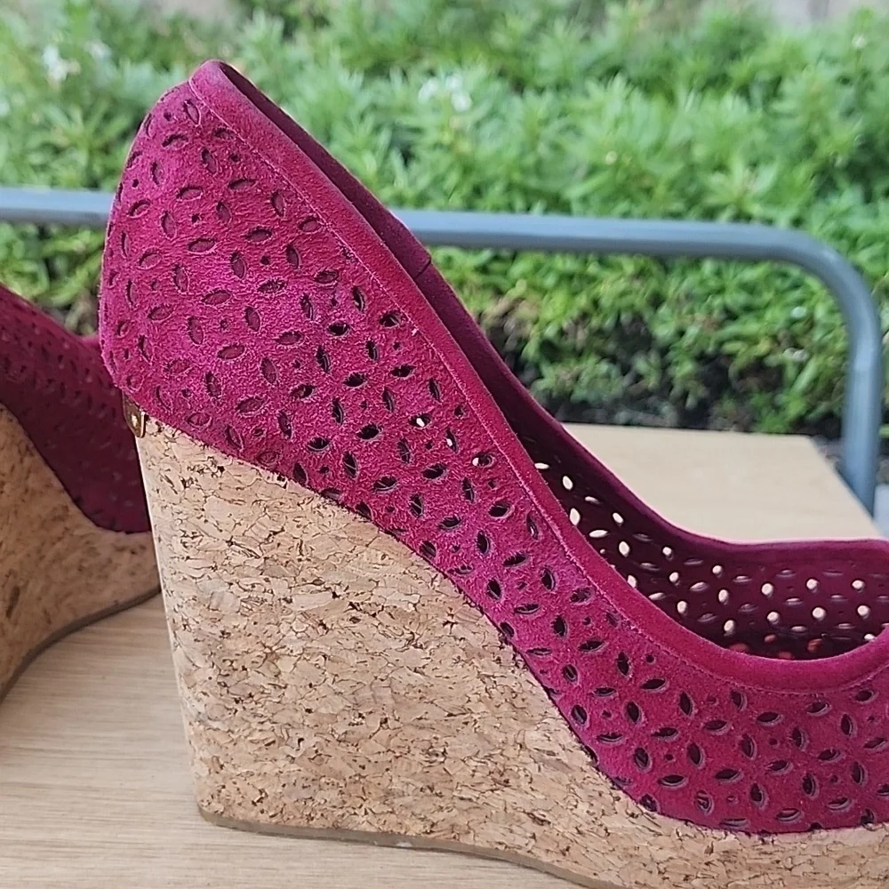JIMMY CHOO 'PAPINA' BERRY WINE SUEDE CORK WEDGE Size 40